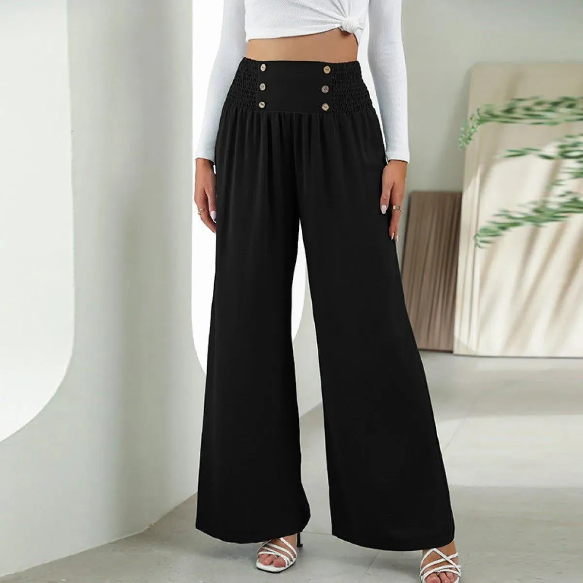 Shirred Elastic Waist High Waist Buttoned Wide Leg Pants