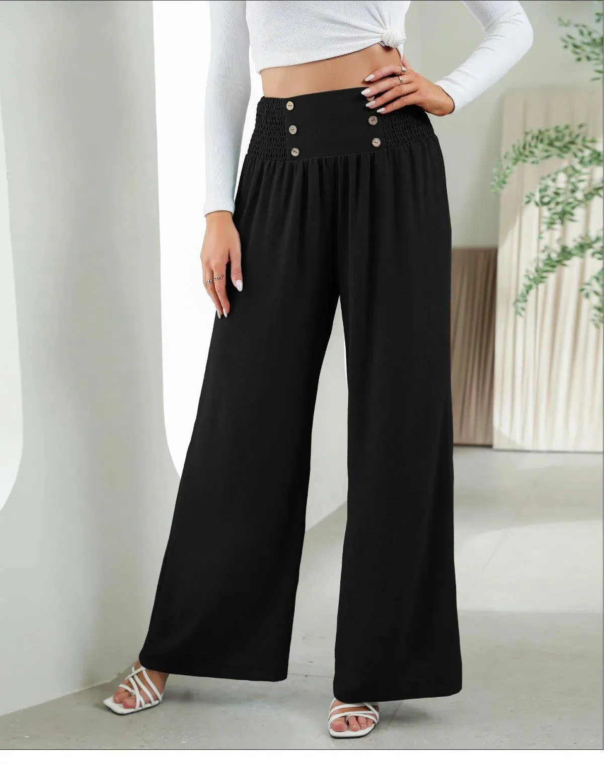 Shirred Elastic Waist High Waist Buttoned Wide Leg Pants