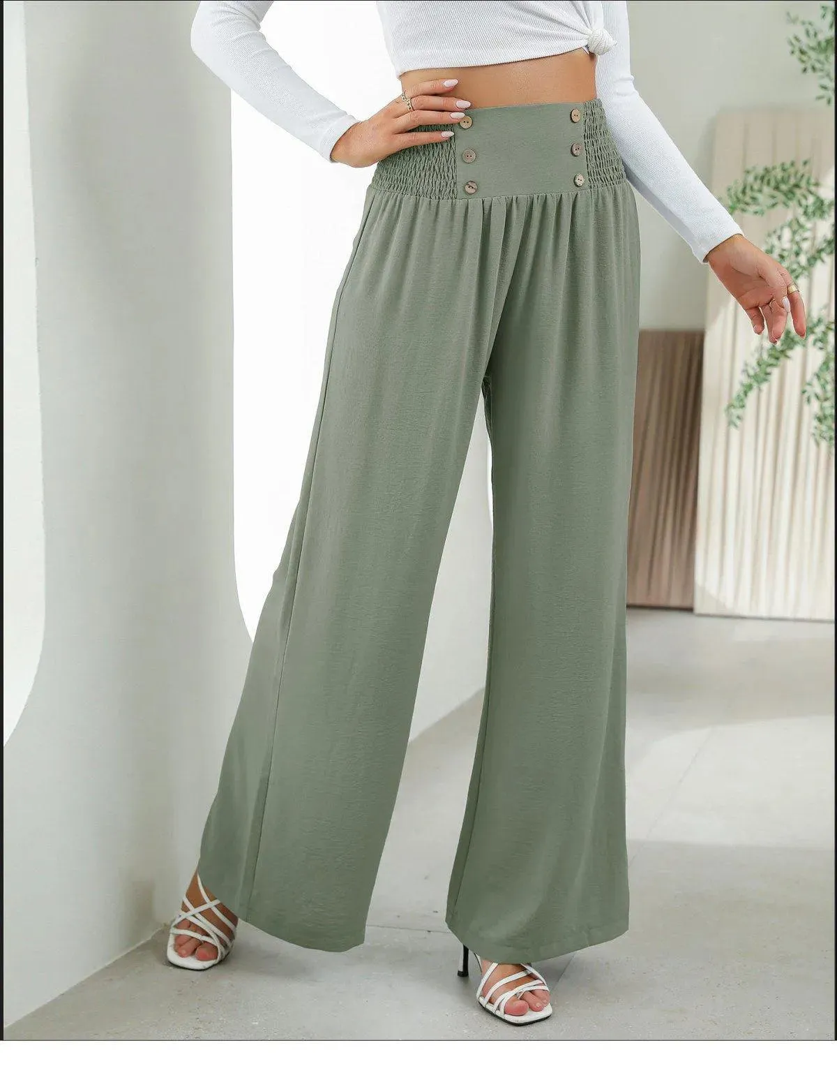 Shirred Elastic Waist High Waist Buttoned Wide Leg Pants