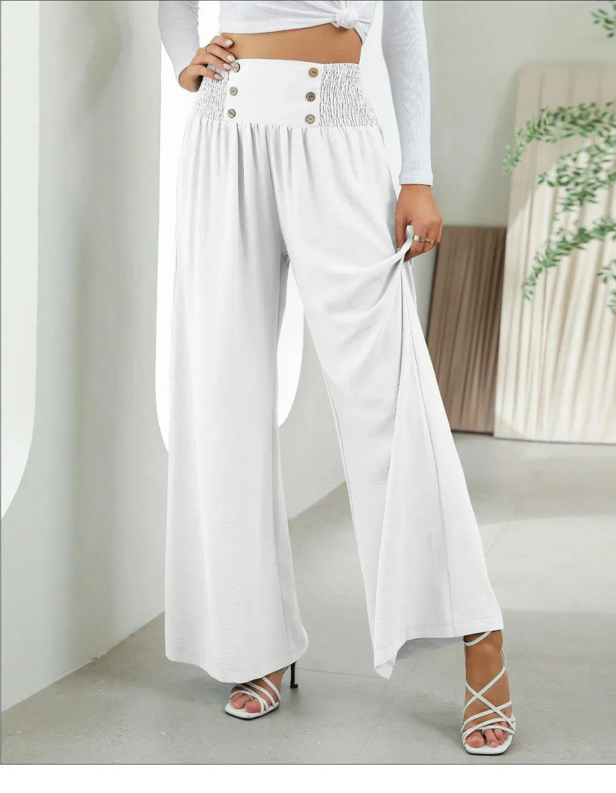 Shirred Elastic Waist High Waist Buttoned Wide Leg Pants