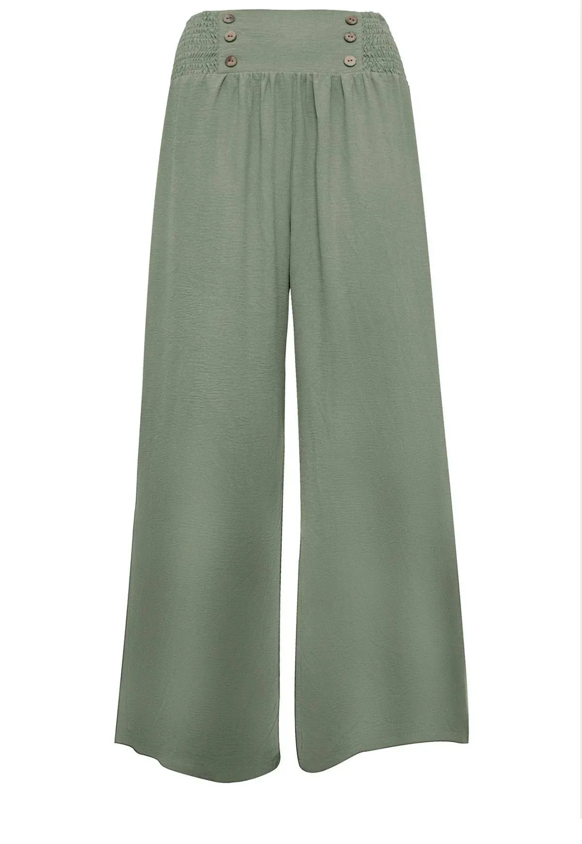 Shirred Elastic Waist High Waist Buttoned Wide Leg Pants