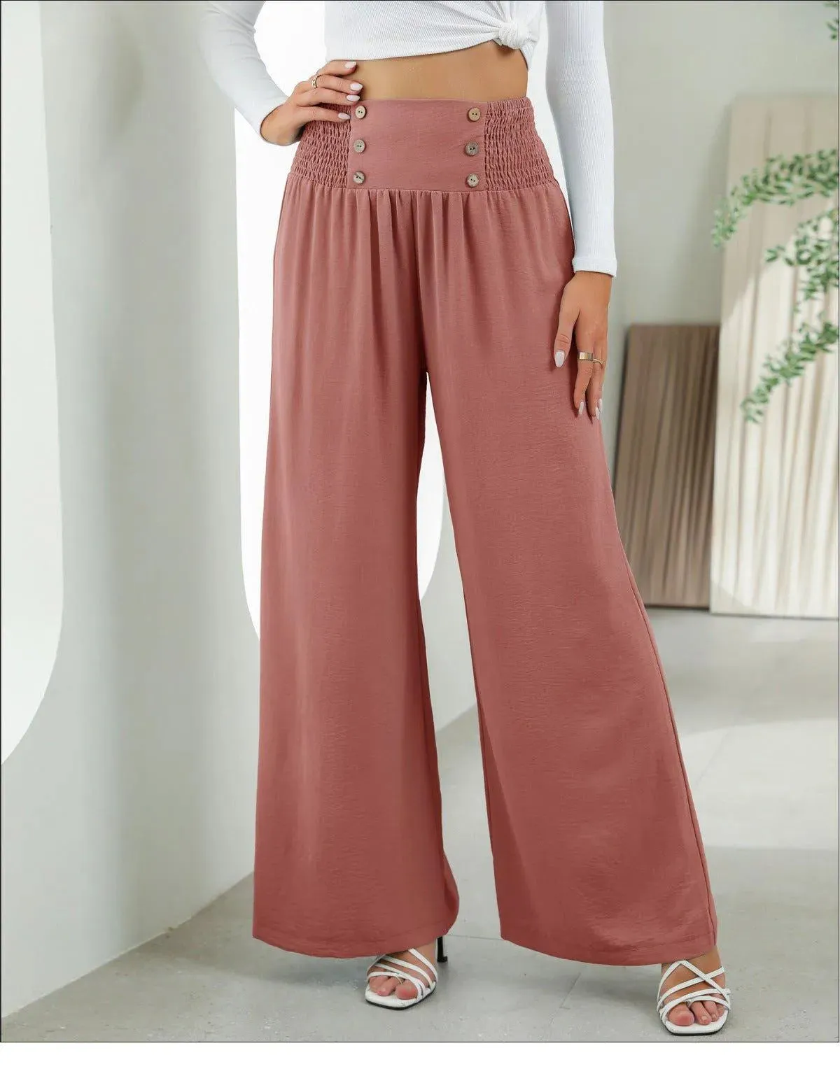 Shirred Elastic Waist High Waist Buttoned Wide Leg Pants