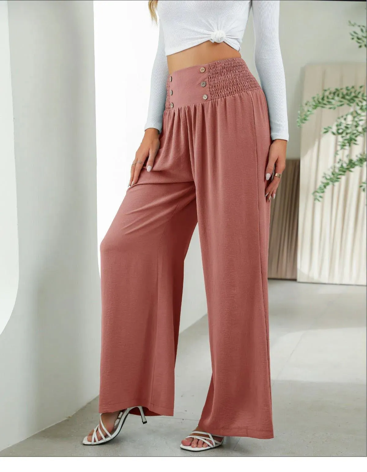 Shirred Elastic Waist High Waist Buttoned Wide Leg Pants