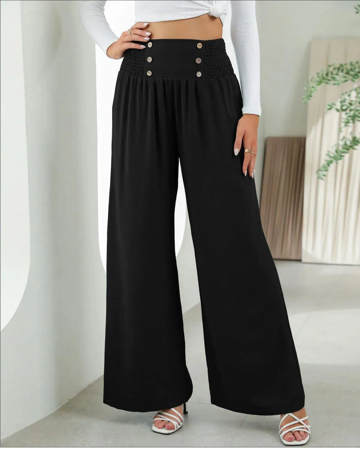 Shirred Elastic Waist High Waist Buttoned Wide Leg Pants