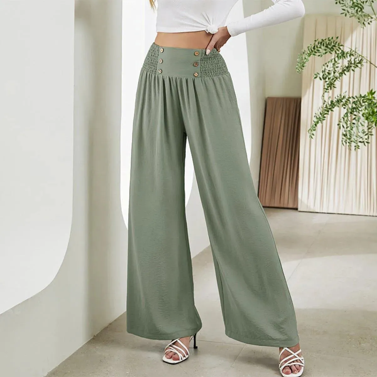 Shirred Elastic Waist High Waist Buttoned Wide Leg Pants