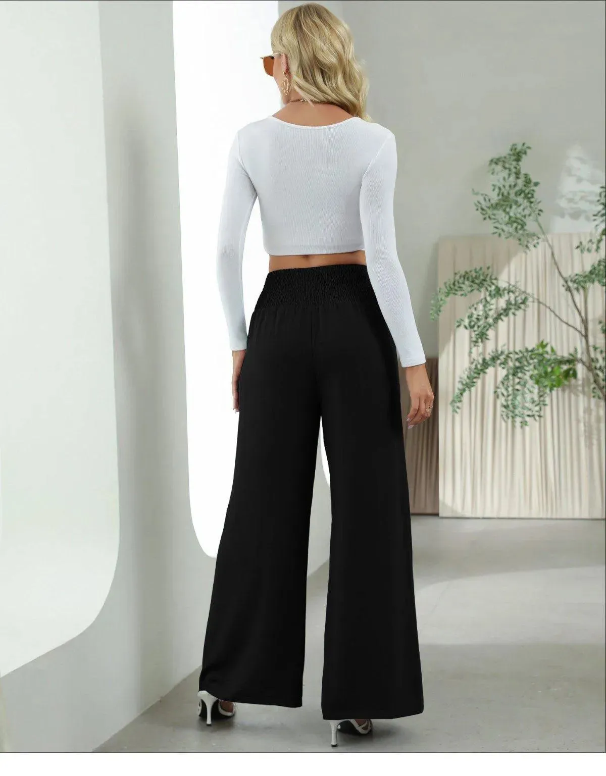 Shirred Elastic Waist High Waist Buttoned Wide Leg Pants