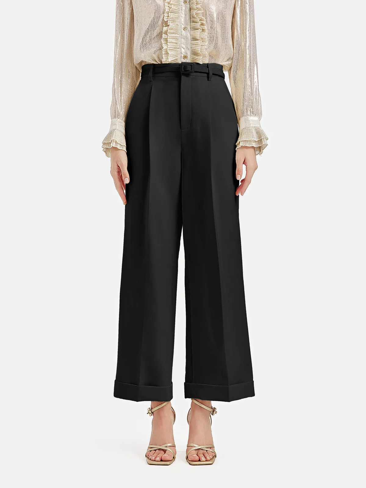 Silk-Wool Straight-Leg Trousers (With Belt)