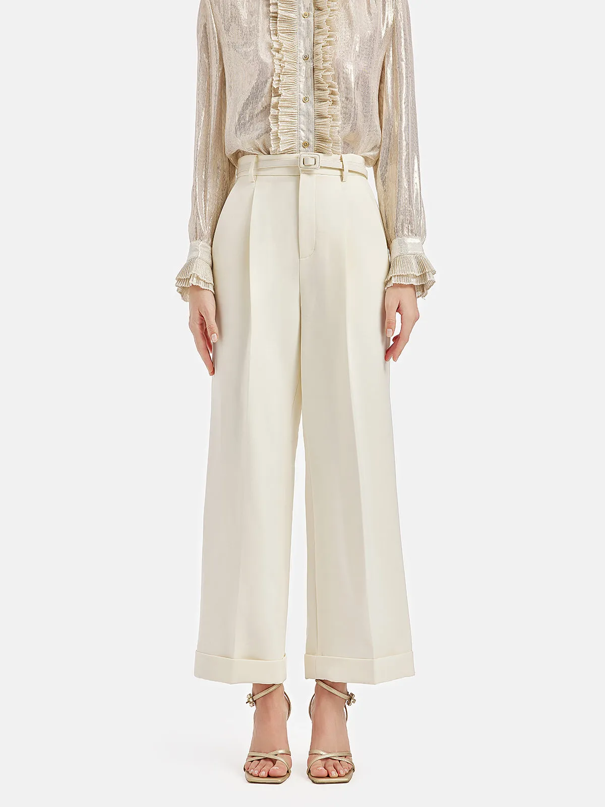 Silk-Wool Straight-Leg Trousers (With Belt)