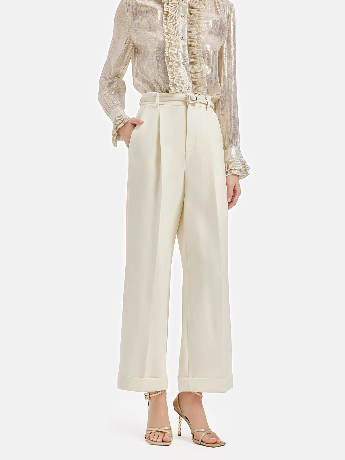 Silk-Wool Straight-Leg Trousers (With Belt)