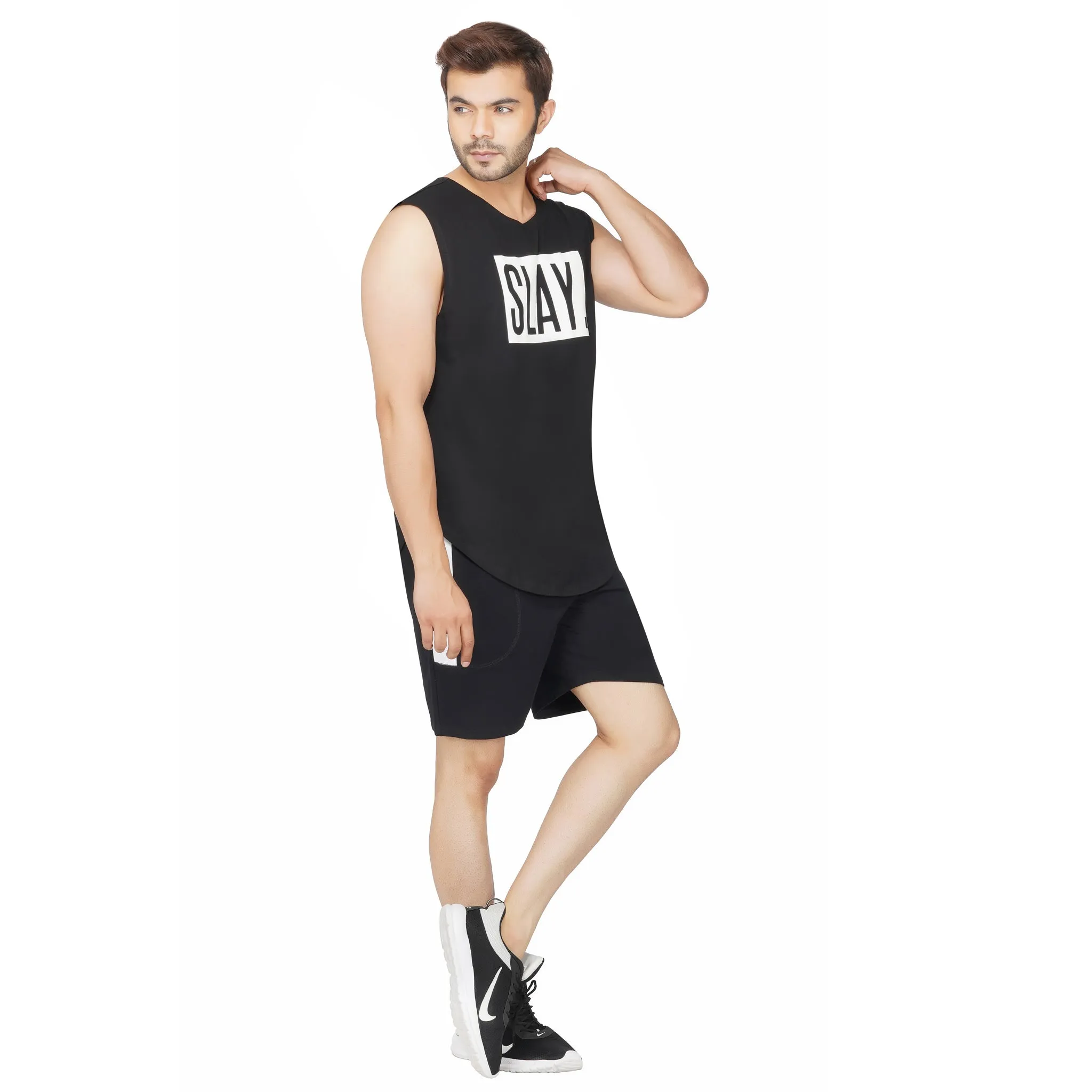 SLAY. Men's Black Printed Sleeveless Dropcut T-shirt