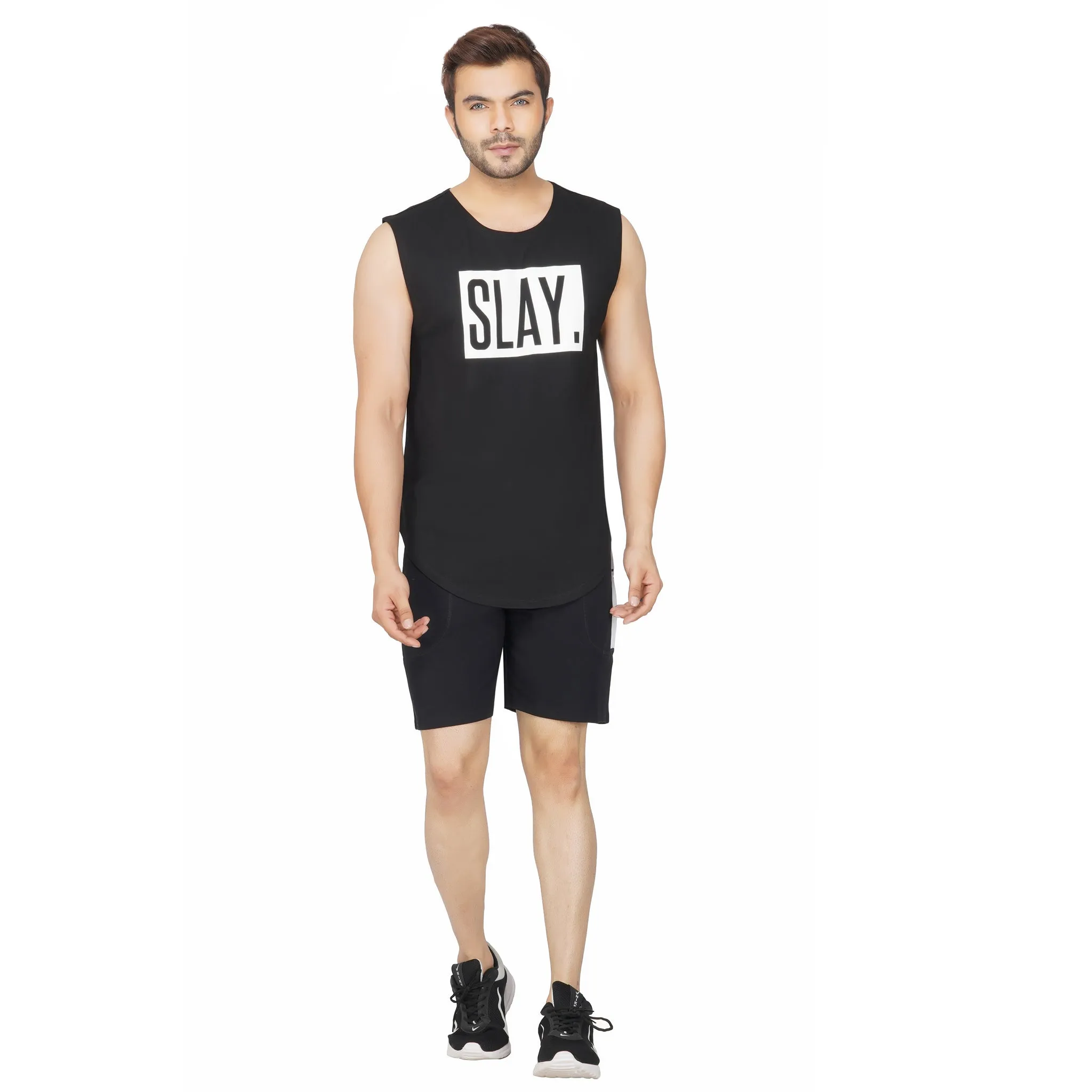 SLAY. Men's Black Printed Sleeveless Dropcut T-shirt