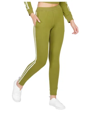 SLAY. Women's Olive Green Jogger Pants With White Stripes