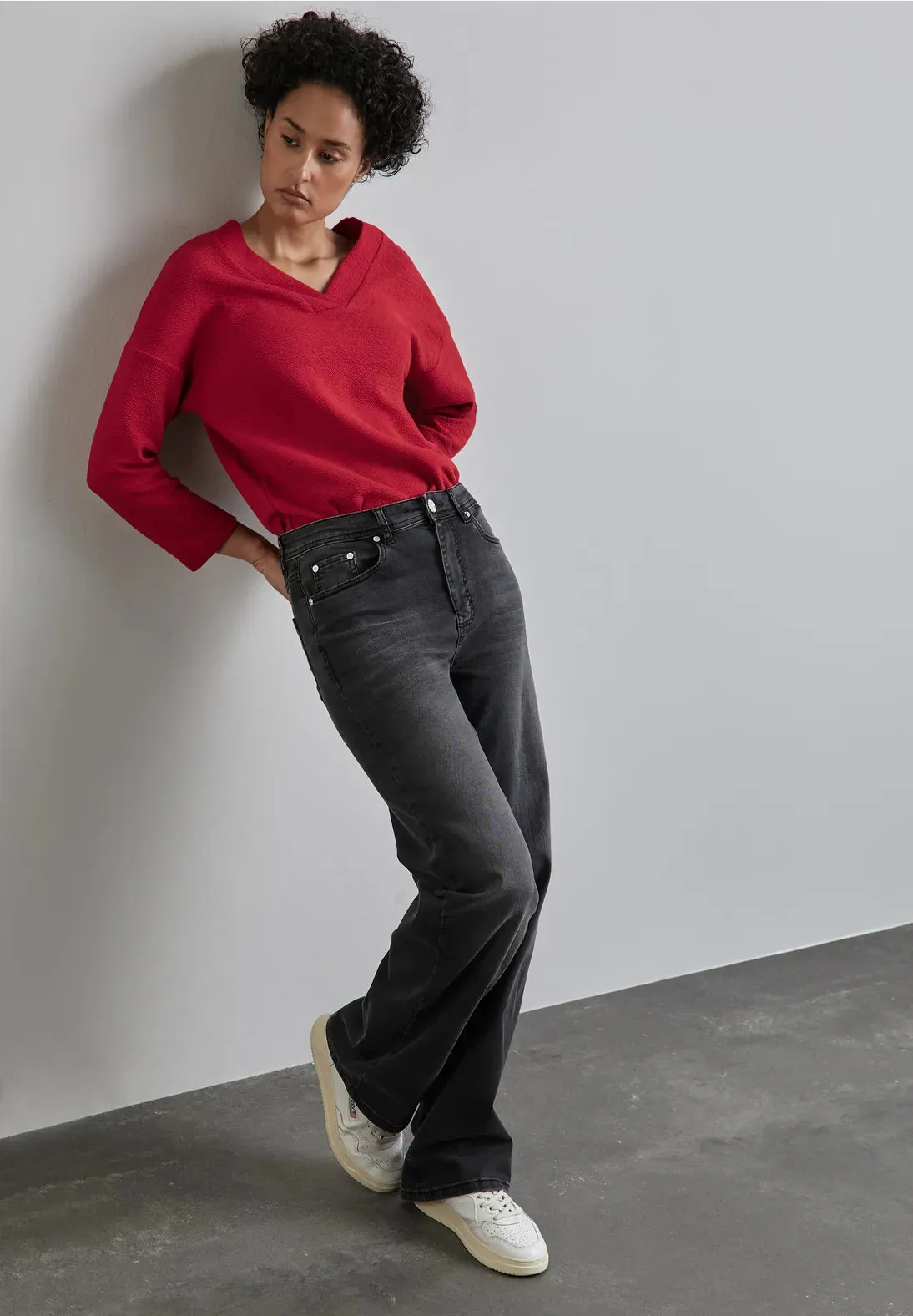 Street One Textured v neck sweatshirt in Autumn Red 22236