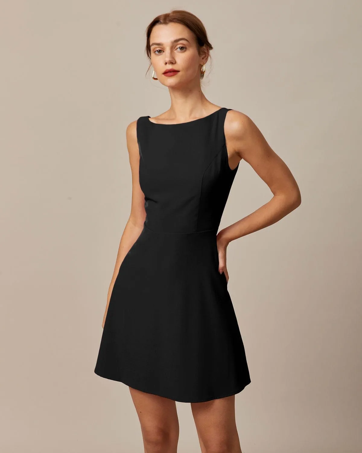 The Black Boat Neck High Waisted Mini Dress