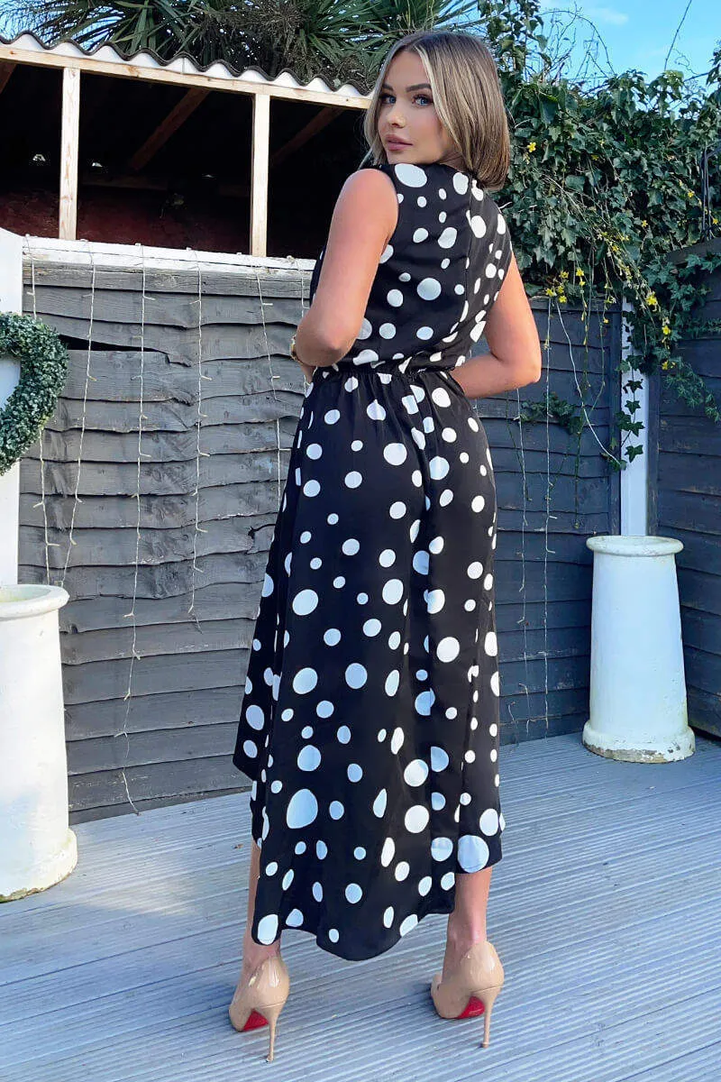 Vera Black and White Polka Dot Gathered Midi Dress