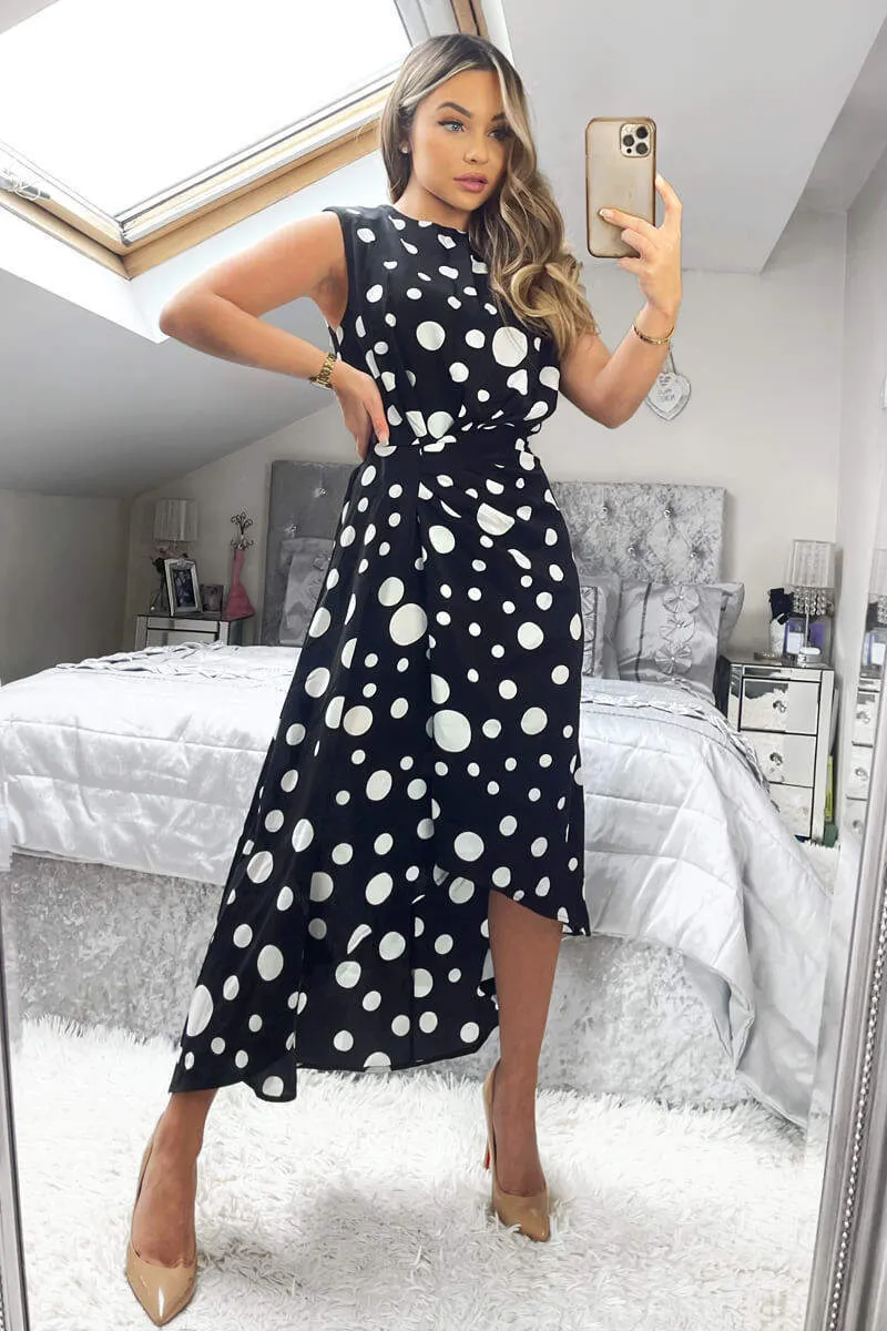 Vera Black and White Polka Dot Gathered Midi Dress