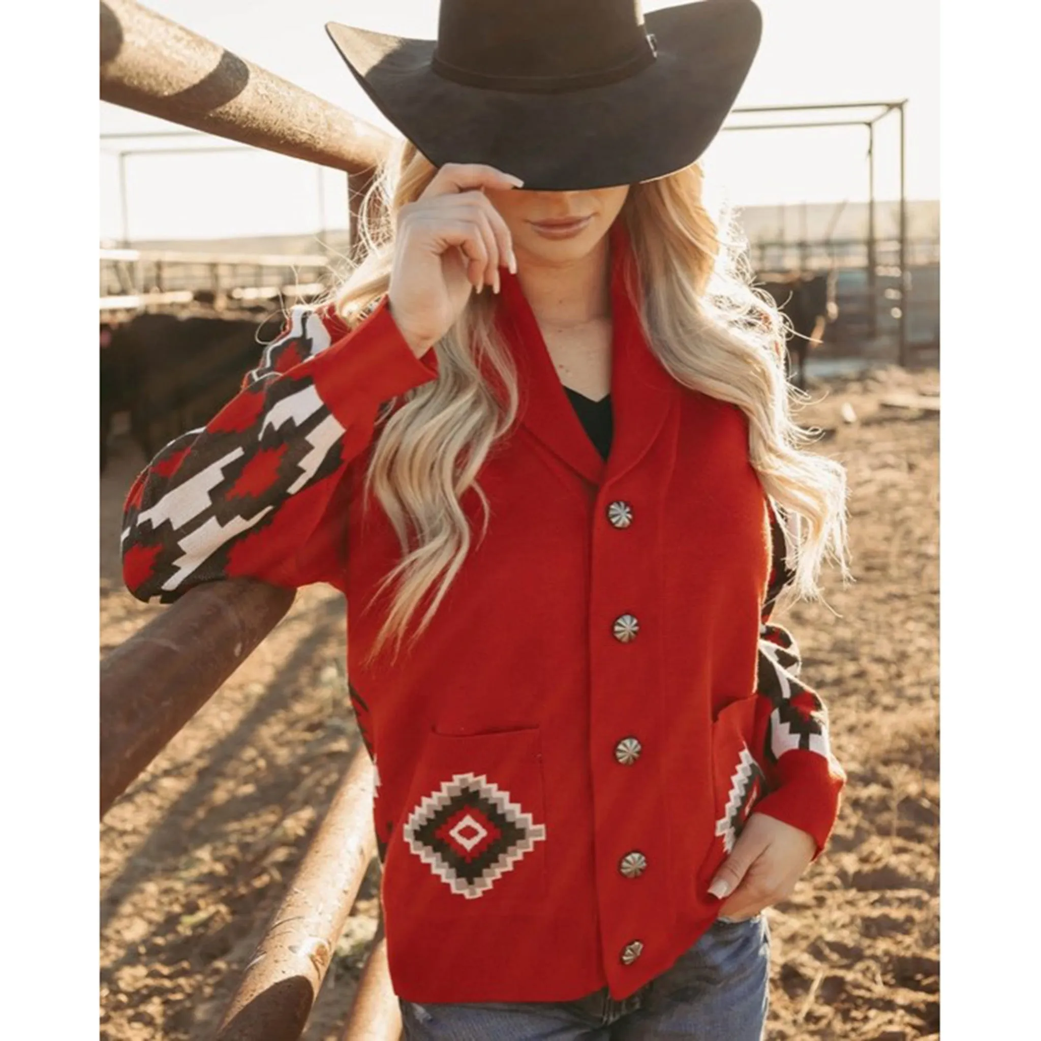 Women's Red/Black and White Aztec Button Sweater