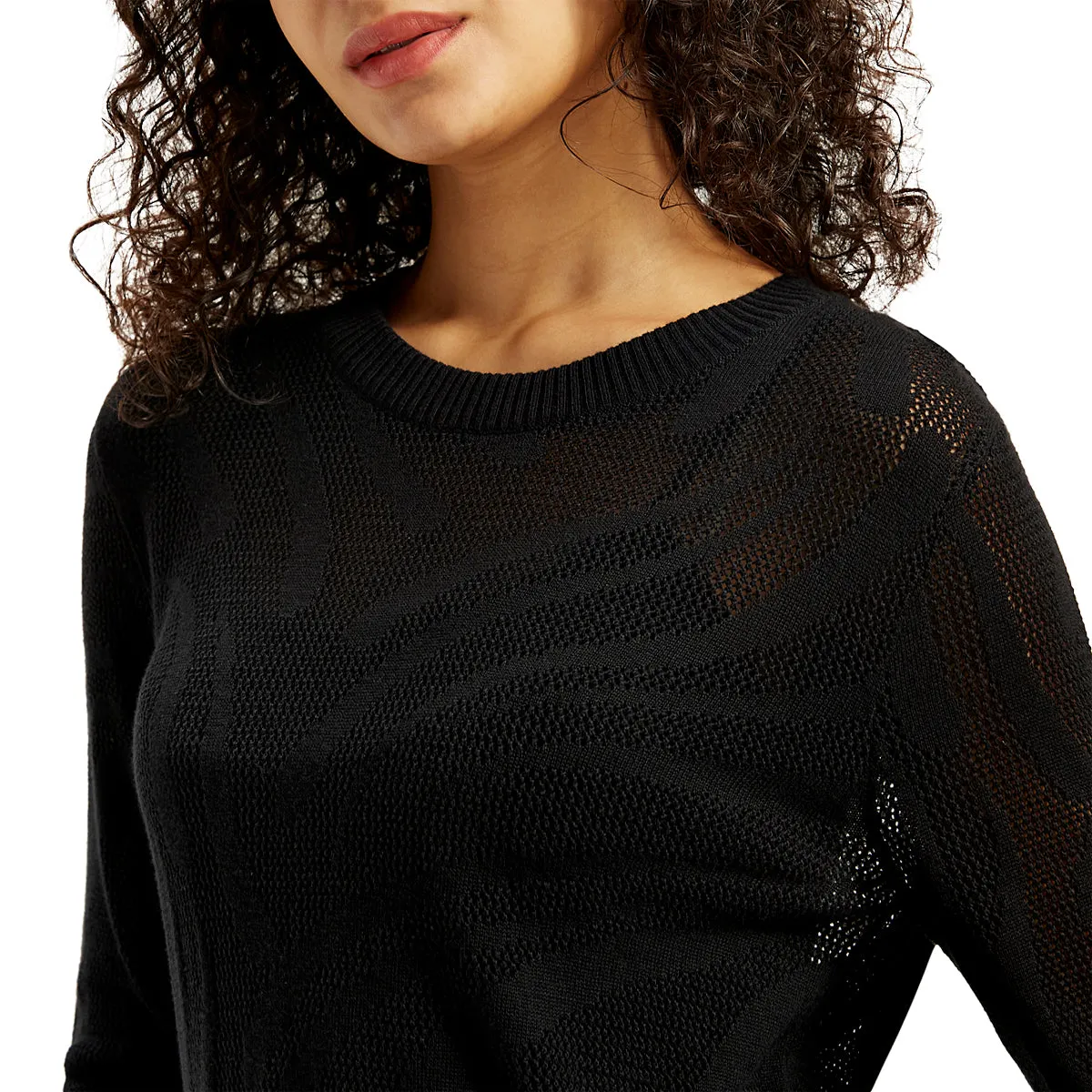 Women's Self Design Black Crew Neck Sweater