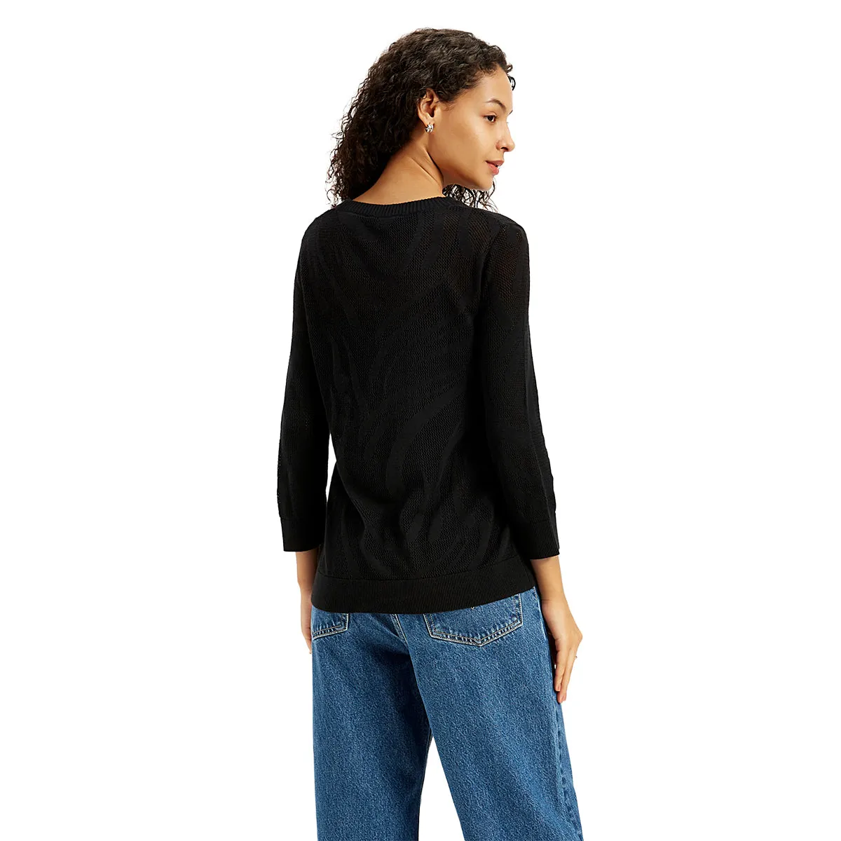 Women's Self Design Black Crew Neck Sweater